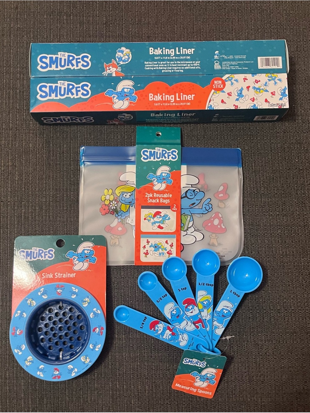 The Smurfs Baking Liner, Snack Bags, Measuring Spoons, Sink Strainer NEW